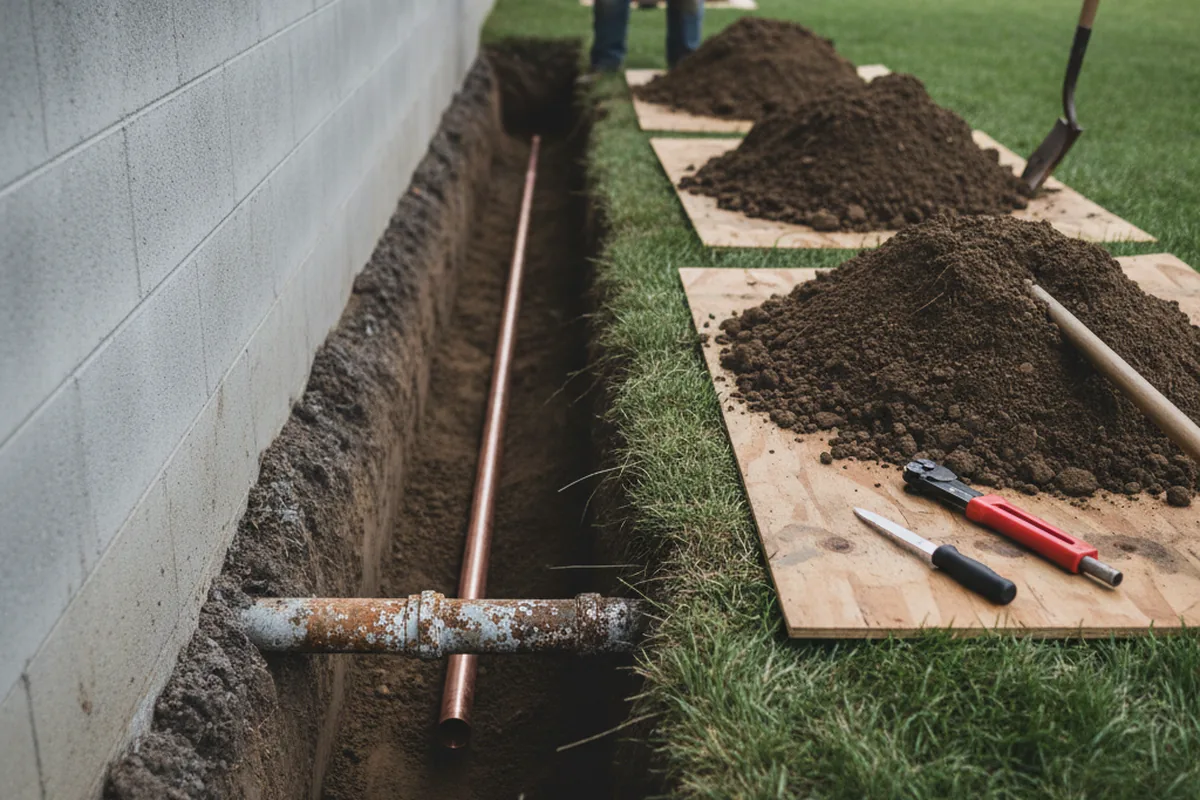 Excavated water line trench during Water Softener Installation in Losantville